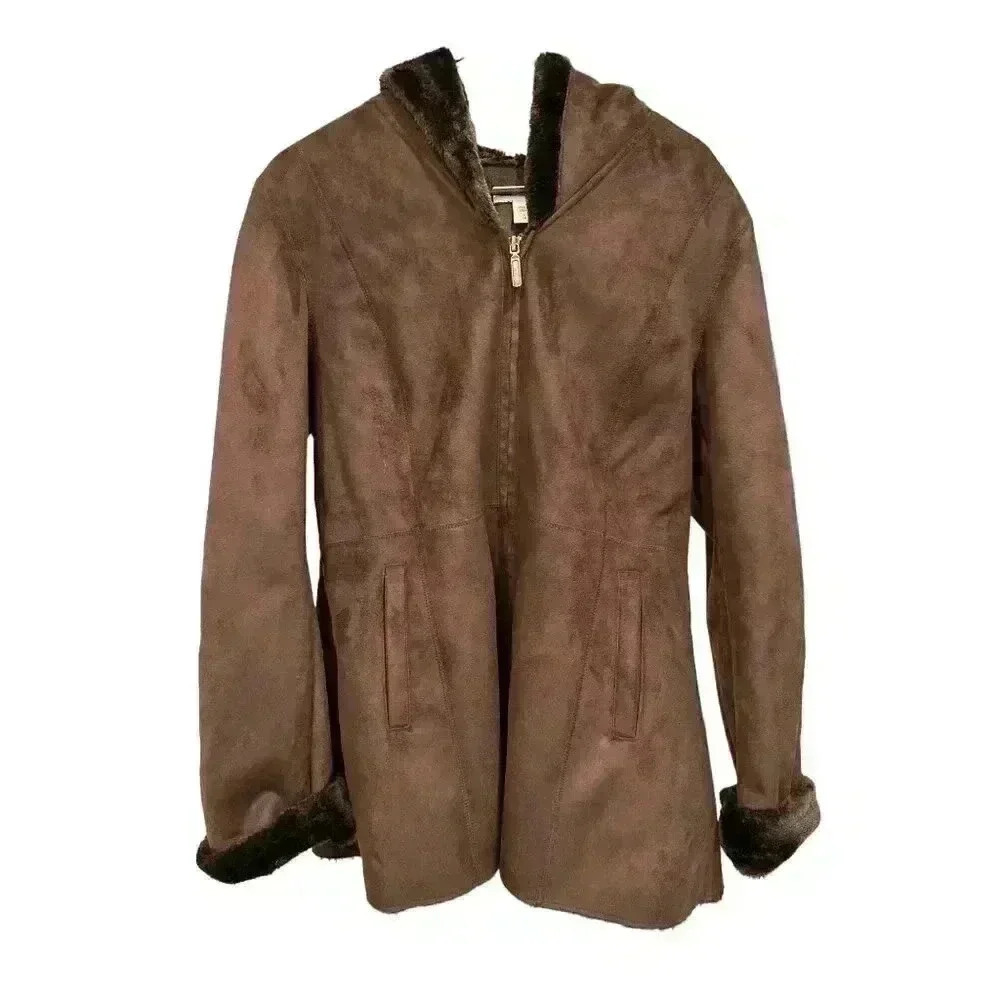 Coldwater Creek Teddy Hooded Coat Faux Suede Ultra Plush Brown Winter Size L NWT